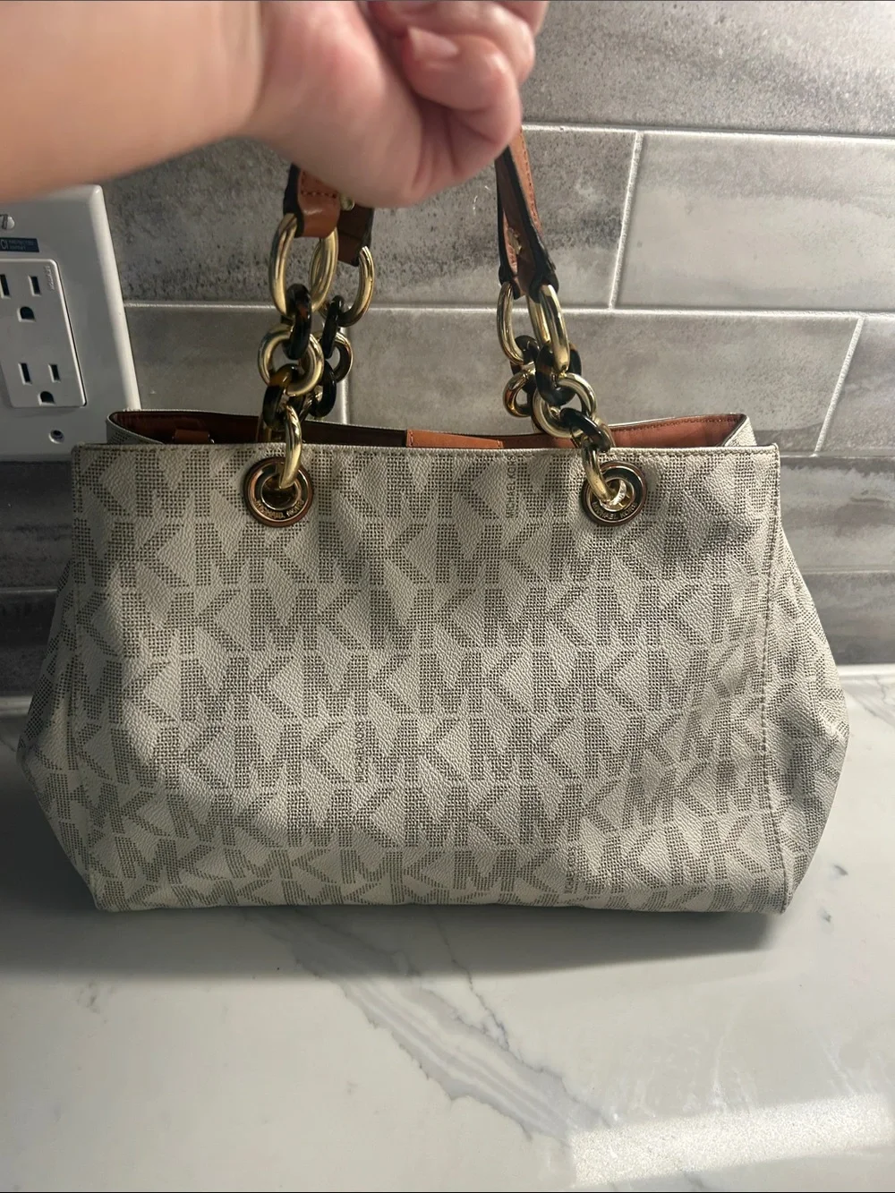 Michael Kors Cynthia Cream MK Logo Tote with Gold Hardware